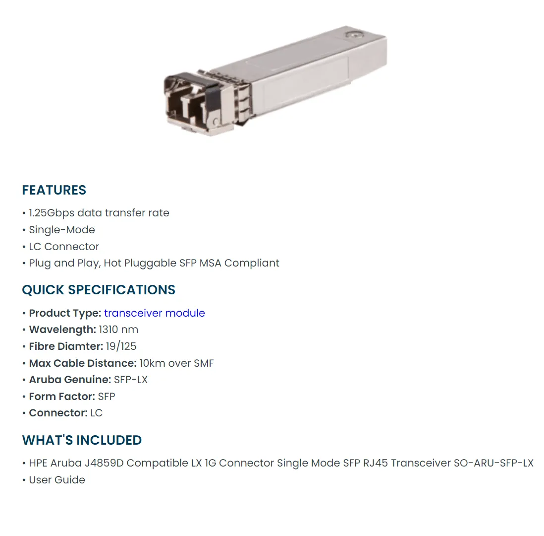Трансивер HPE Aruba 1G SFP LC LX 10km SMF XCVR (J4859D)